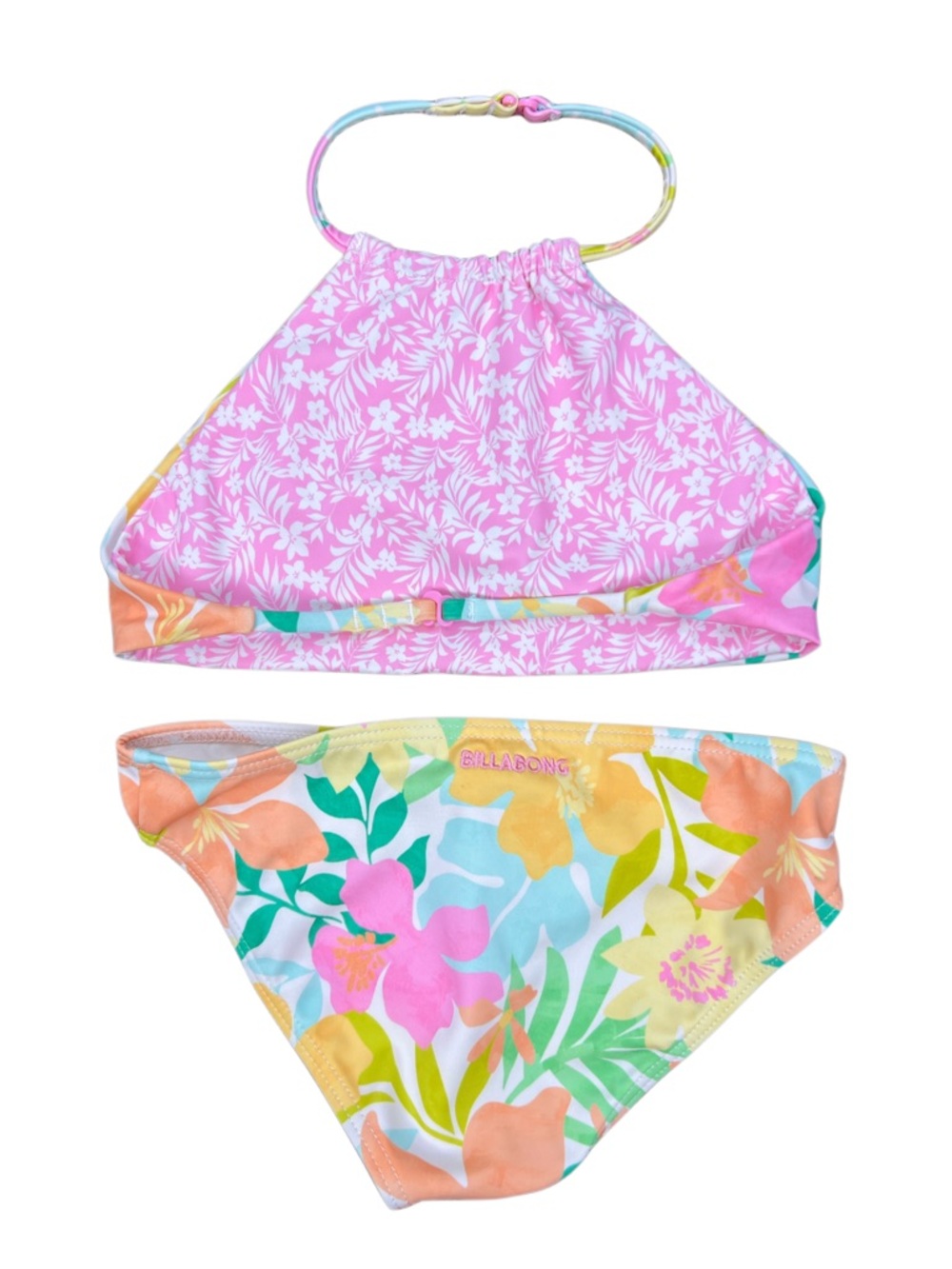 Billabong Girls Floral Bikini Set Size 7 Tropical Halter Swimsuit Pink Orange - Picture 2 of 4